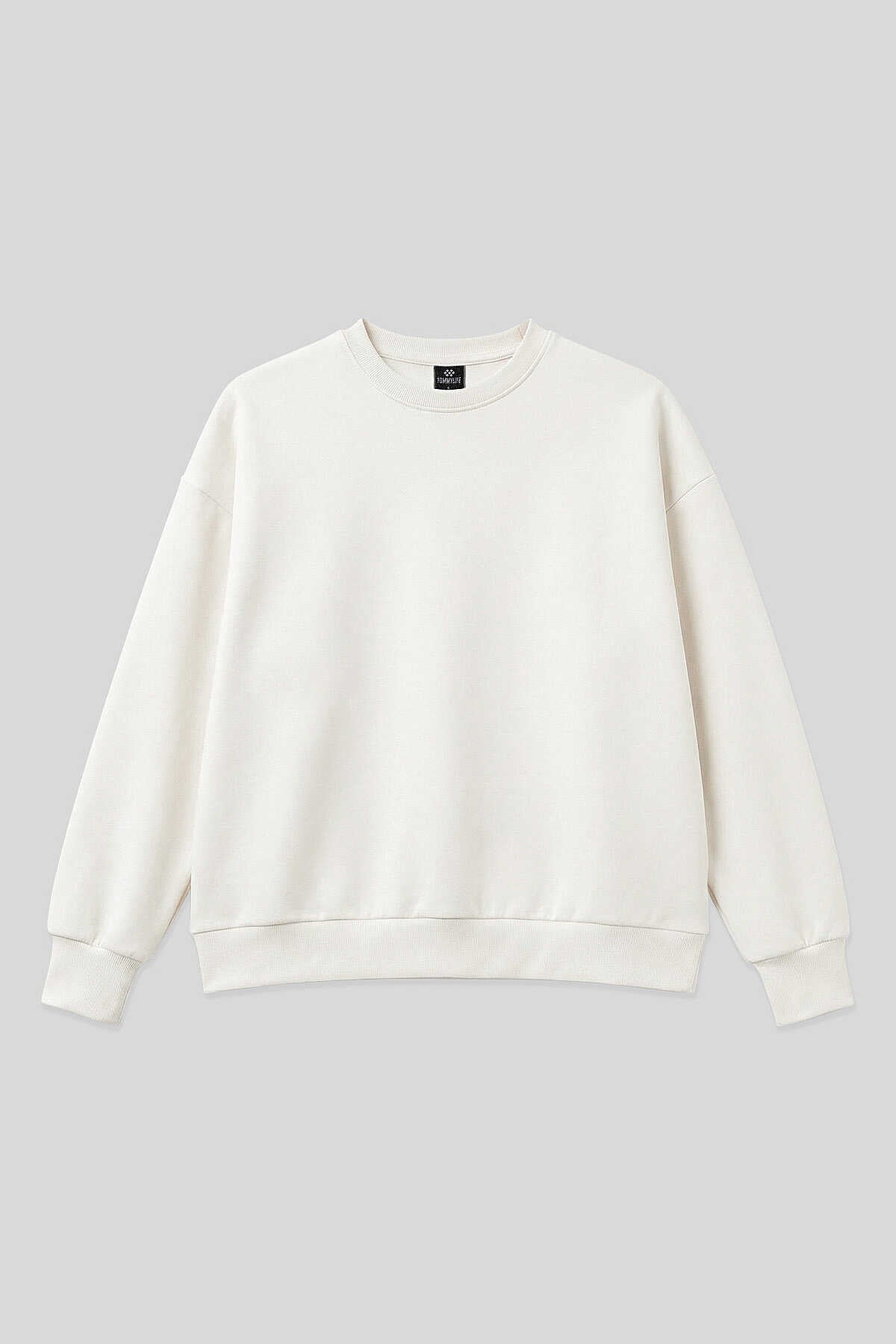 Tommylife Toptan Ekru Basic O Yaka Oversize Kadın Sweatshirt - 97053