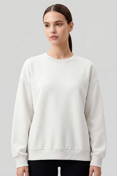 Tommylife Toptan Ekru Basic O Yaka Oversize Kadın Sweatshirt - 97053