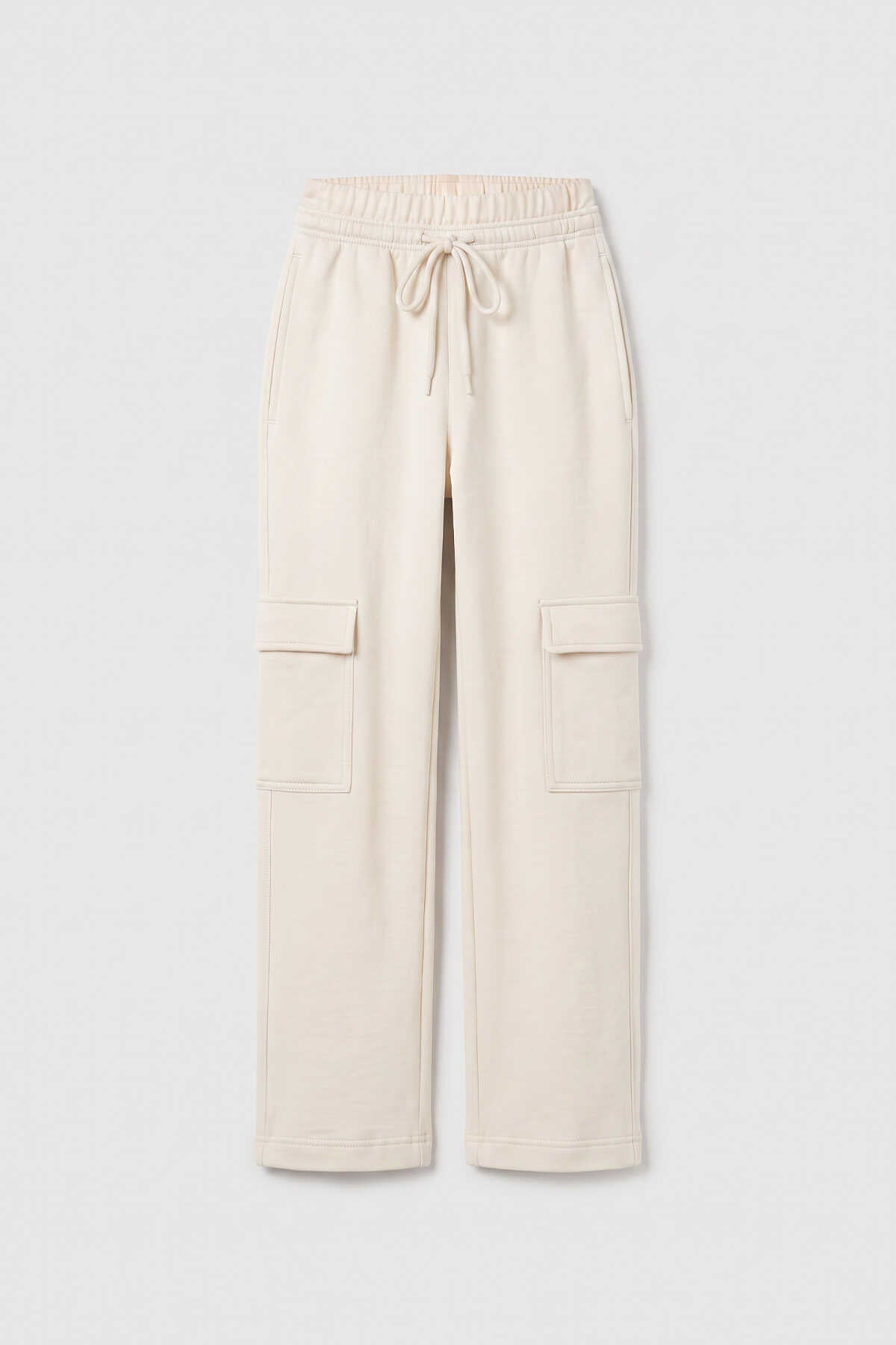 Pantaloni de trening Tommylife Wholesale Off-White cu curea dublă și buzunare cargo Plazzo pentru fete - 75198