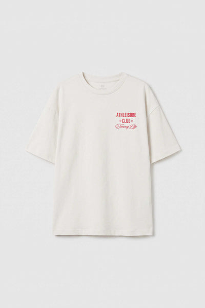 Tricou Tommylife Wholesale Off-White supradimensionat cu mânecă scurtă și imprimeu pentru fete - 75175
