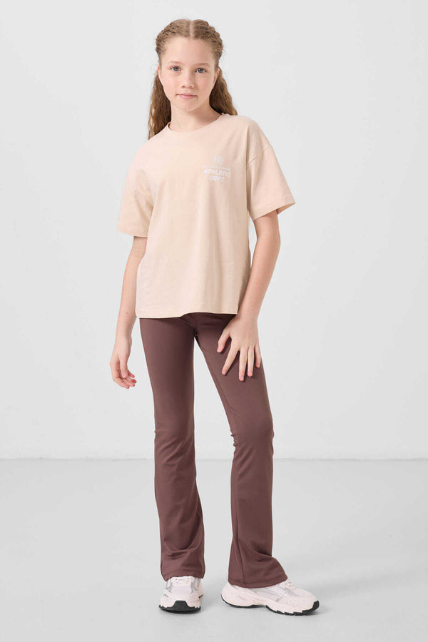 Tommylife Toptan Esnek Standart Fit Basic Performans İspanyol Paça Kız Çocuk Tayt 75193 Kahverengi