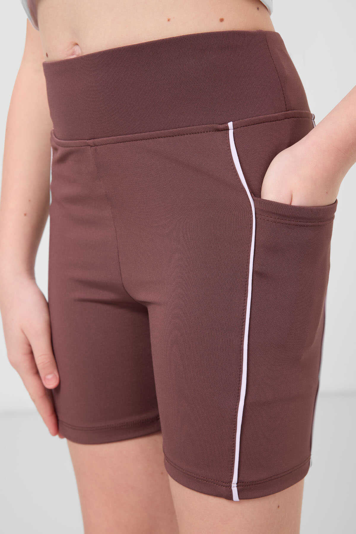 Tommylife Toptan Esnek Standart Fit Basic Performans Kız Çocuk Tayt 75189 Kahverengi