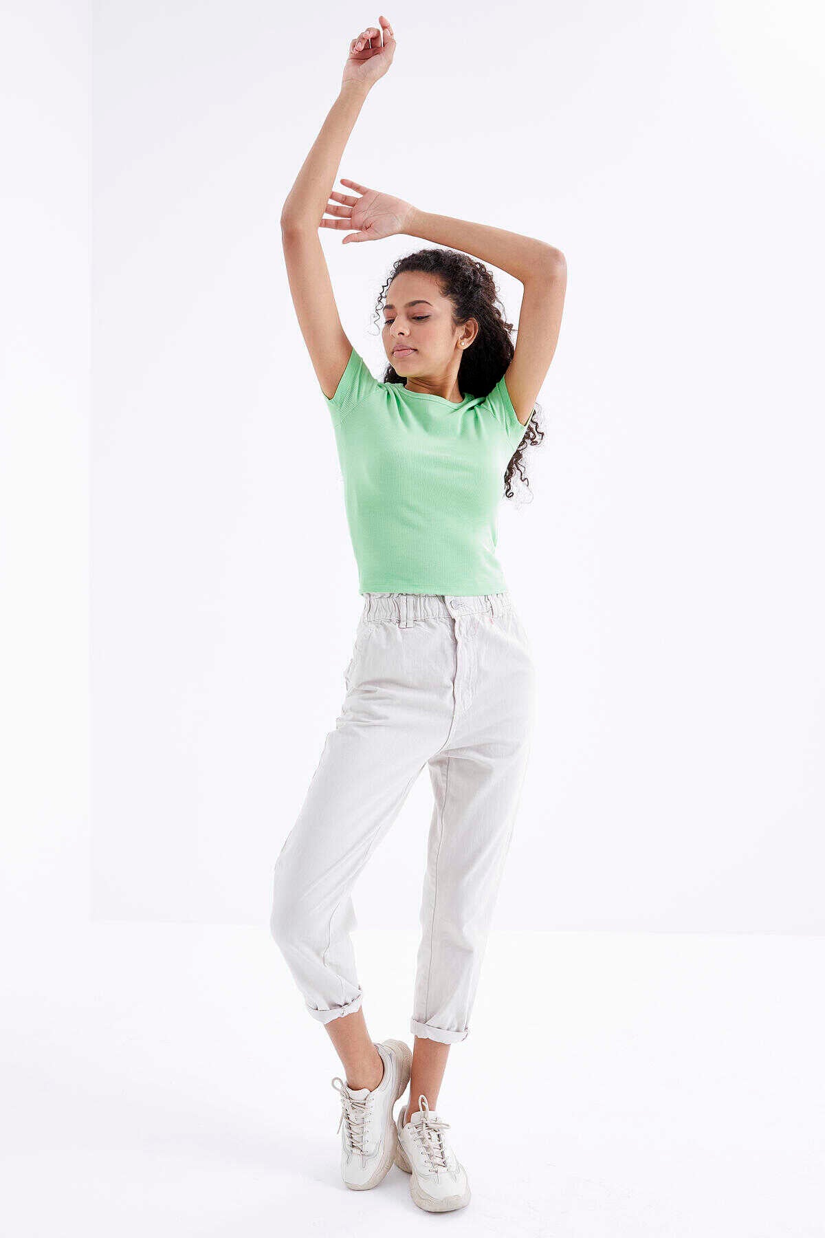 Tommylife Toptan Fıstık Yeşil Basic Kısa Kol O Yaka Kadın T-Shirt - 97202