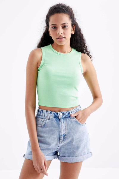 Tommylife Toptan Fıstık Yeşil Basic Kolsuz O Yaka Kadın Crop Top Atlet - 97204