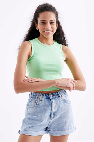 Tommylife Toptan Fıstık Yeşil Basic Kolsuz O Yaka Kadın Crop Top Atlet - 97204