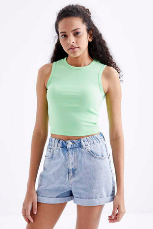 Tommylife Toptan Fıstık Yeşil Basic Kolsuz O Yaka Kadın Crop Top Atlet - 97204
