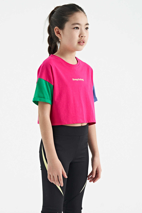Tommylife Toptan Fuşya Yazı Baskılı O Yaka Düşük Omuzlu Oversize Kız Çocuk T-Shirt - 75130