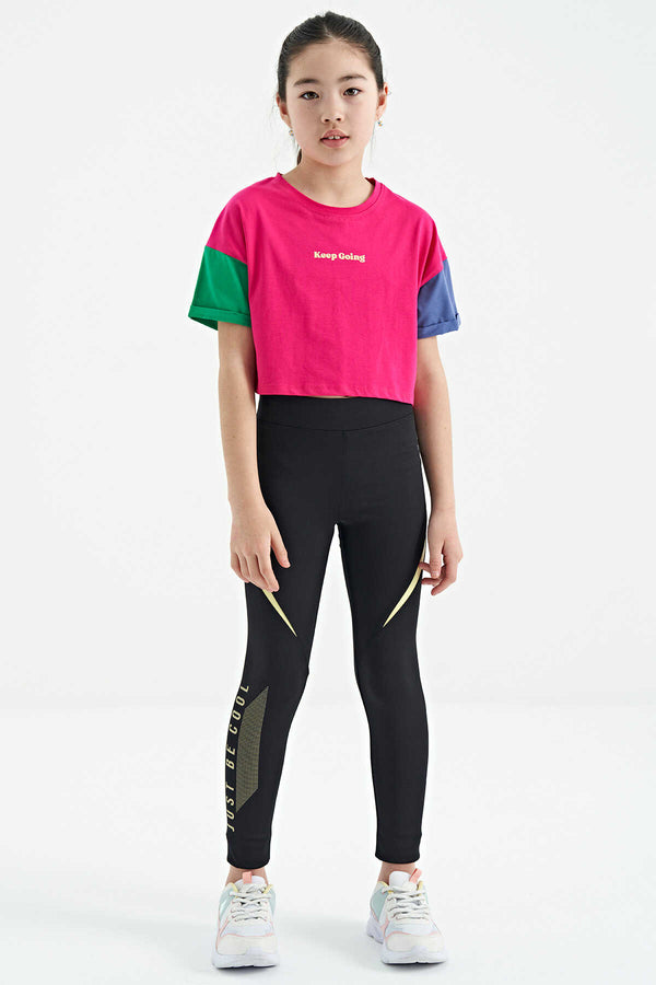 Tommylife Toptan Fuşya Yazı Baskılı O Yaka Düşük Omuzlu Oversize Kız Çocuk T-Shirt - 75130