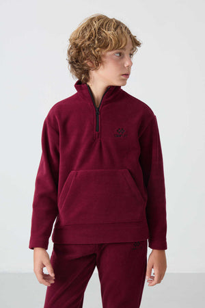 Tommylife Toptan Garson Boy Dik Yaka Erkek Çocuk Polar Eşofman Takımı 11218 Erguvan