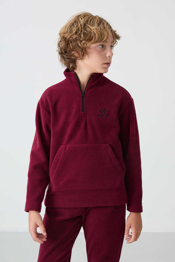 Tommylife Toptan Garson Boy Dik Yaka Erkek Çocuk Polar Eşofman Takımı 11218 Erguvan
