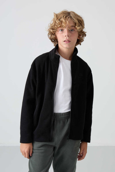 Tommylife Toptan Garson Boy Dik Yaka Standart Kalıp Basic Erkek Çocuk Polar Sweatshirt 11223 Siyah