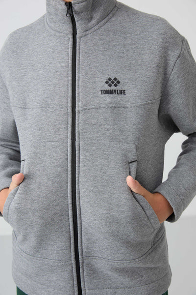 Hanorac Tommylife Wholesale pentru băieți, mărimea chelnerului, cu guler înalt, croială standard, 11245, gri melanj
