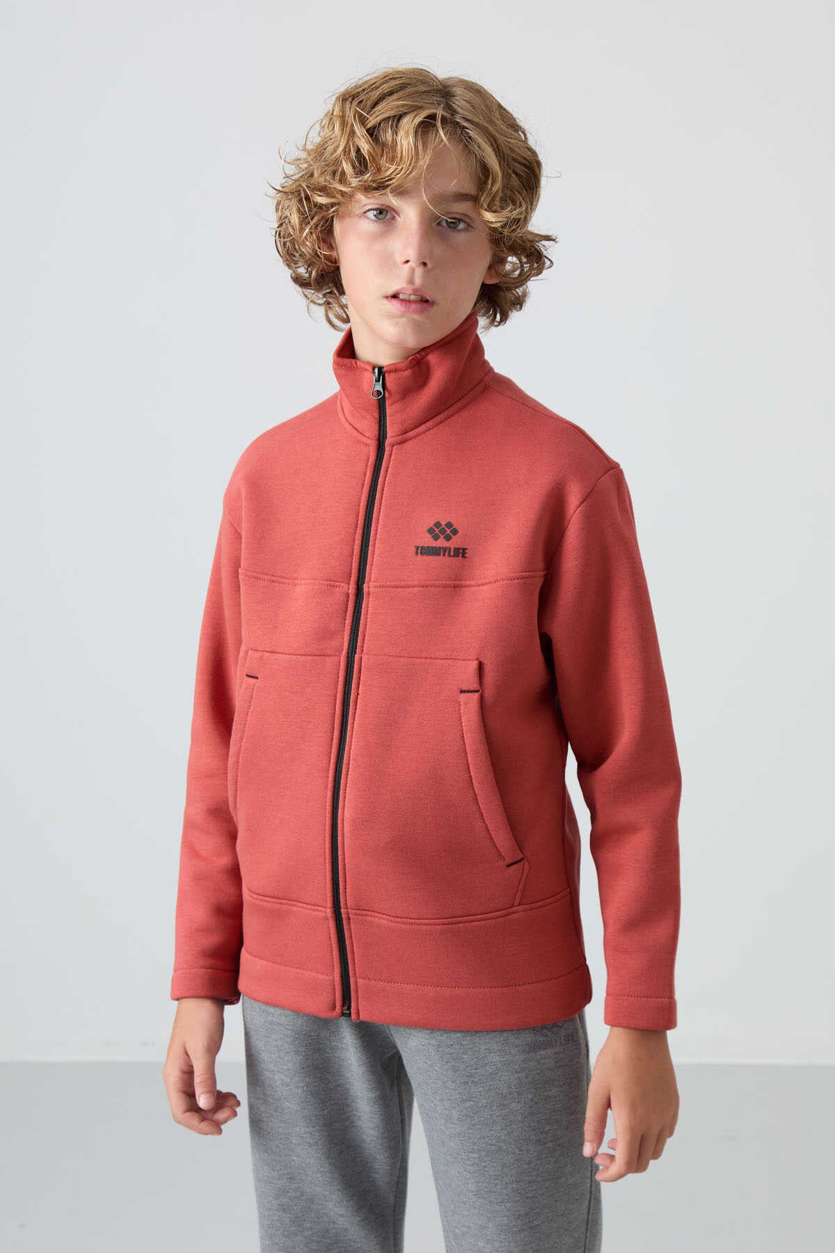 Tommylife Wholesale Waiter Size Stand Collar Standard Fit Basic Boys' Sweatshirt 11245 Terracotta