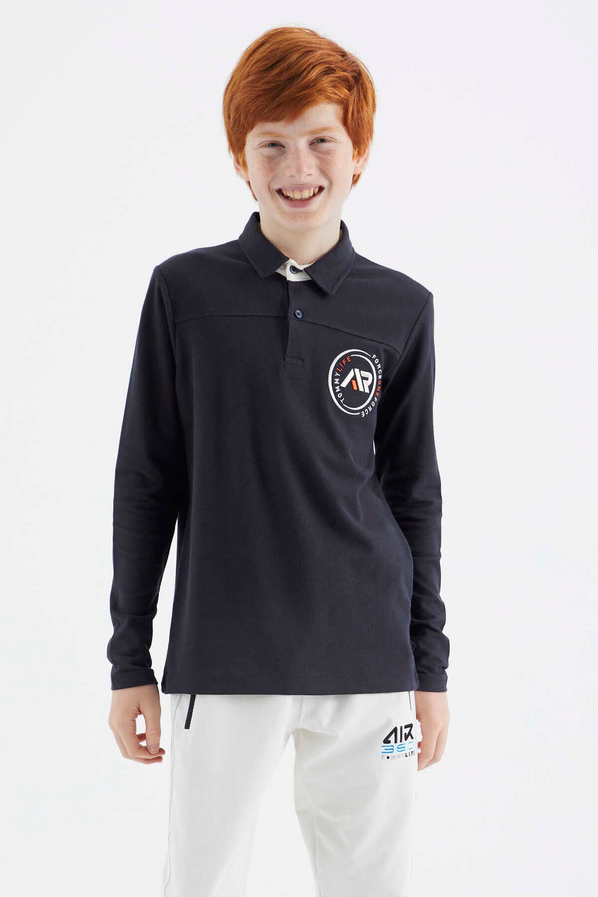 Tommylife Toptan Garson Boy Polo Yaka Standart Kalıp Basic Erkek Çocuk Sweatshirt 11172 Lacivert