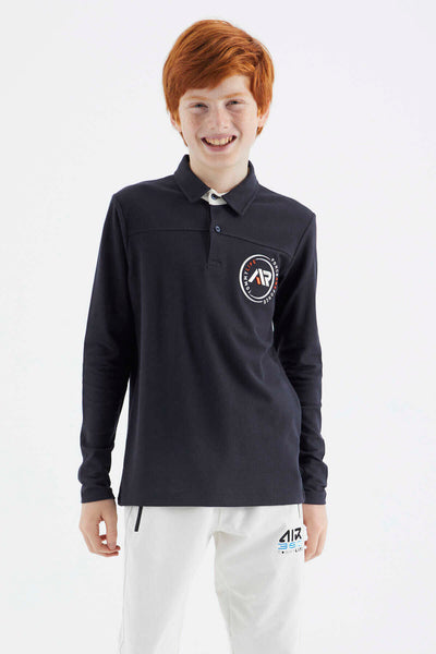 Tommylife Toptan Garson Boy Polo Yaka Standart Kalıp Basic Erkek Çocuk Sweatshirt 11172 Lacivert