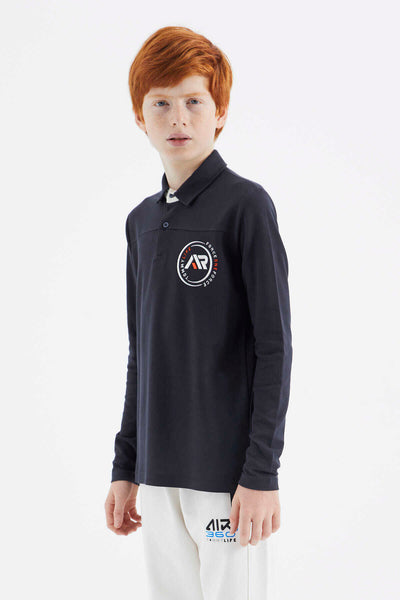 Tommylife Toptan Garson Boy Polo Yaka Standart Kalıp Basic Erkek Çocuk Sweatshirt 11172 Lacivert