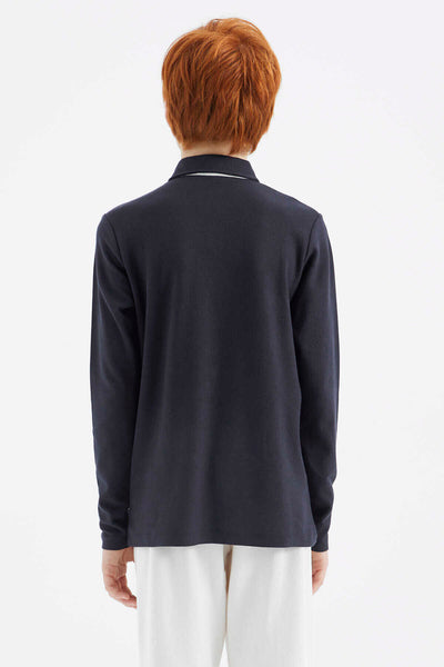 Tommylife Toptan Garson Boy Polo Yaka Standart Kalıp Basic Erkek Çocuk Sweatshirt 11172 Lacivert
