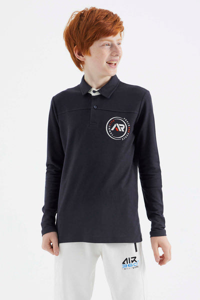 Tommylife Toptan Garson Boy Polo Yaka Standart Kalıp Basic Erkek Çocuk Sweatshirt 11172 Lacivert
