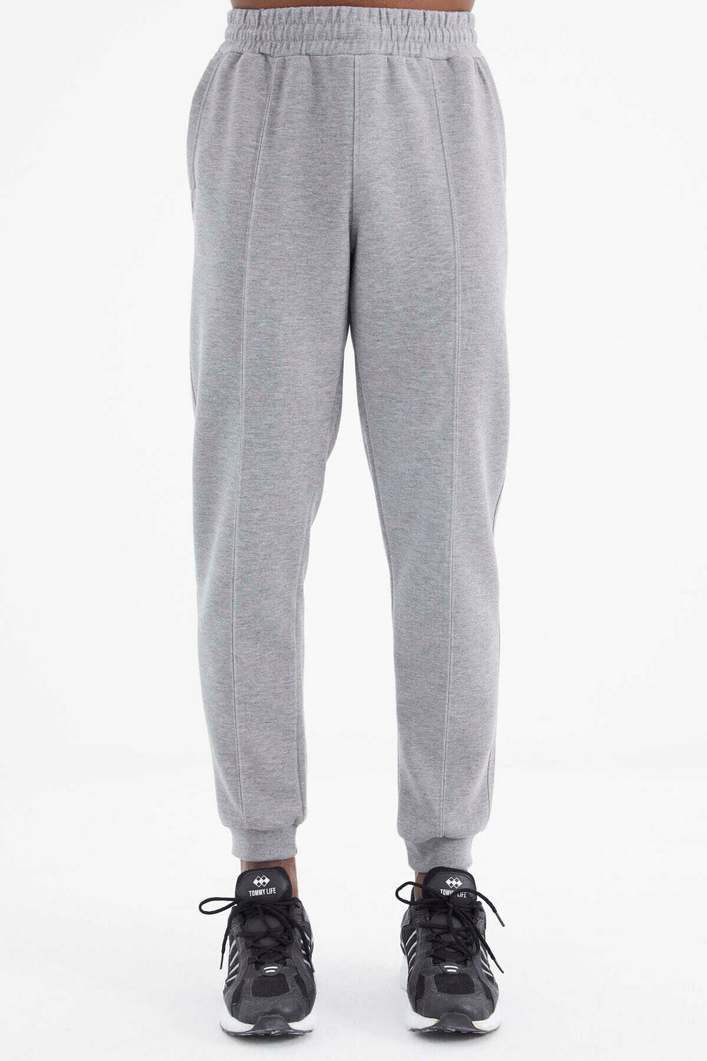 Tommylife Toptan Gri Melanj Bağcıklı Ön Dikiş Detaylı Standart Kalıp Erkek Eşofman Alt - 84994