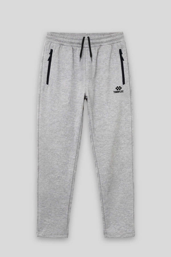Tommylife Toptan Gri Melanj Basic Belden Bağcıklı Klasik Paça Erkek Büyük Beden Eşofman Alt - 84844