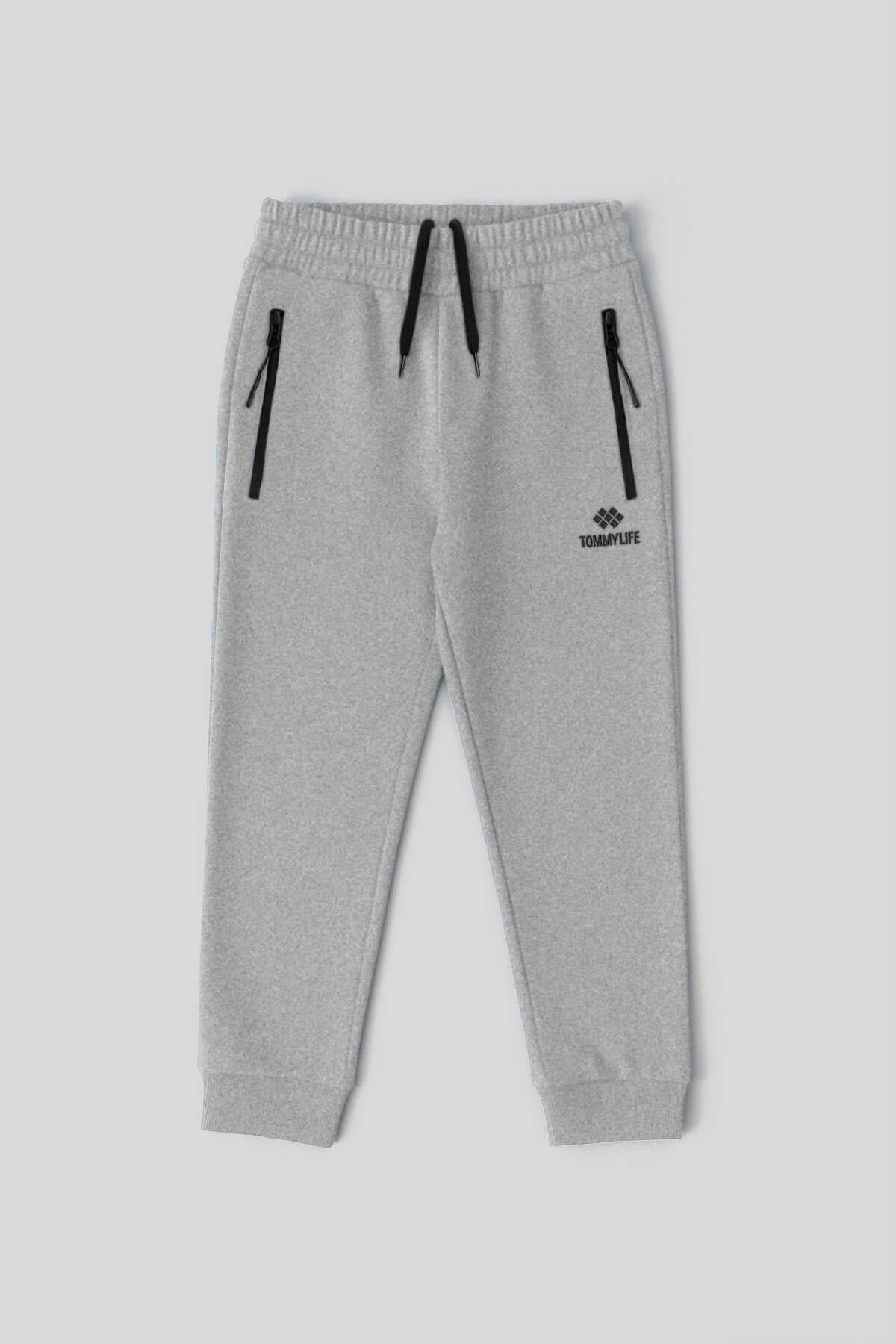 Tommylife Toptan Gri Melanj Basic Fermuar Cepli Belden Bağcıklı Jogger Erkek Çocuk Eşofman Alt - 10798