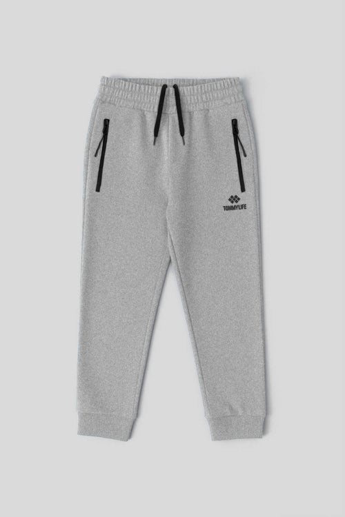 Tommylife Toptan Gri Melanj Basic Fermuar Cepli Belden Bağcıklı Jogger Erkek Çocuk Eşofman Alt - 10798
