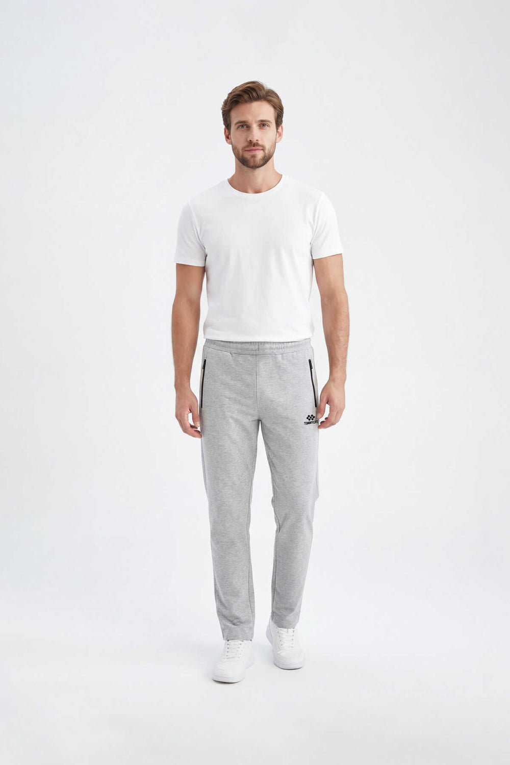 Tommylife Toptan Gri Melanj Basic Fermuar Cepli Klasik Paça Büyük Beden Erkek Eşofman Alt - 84508