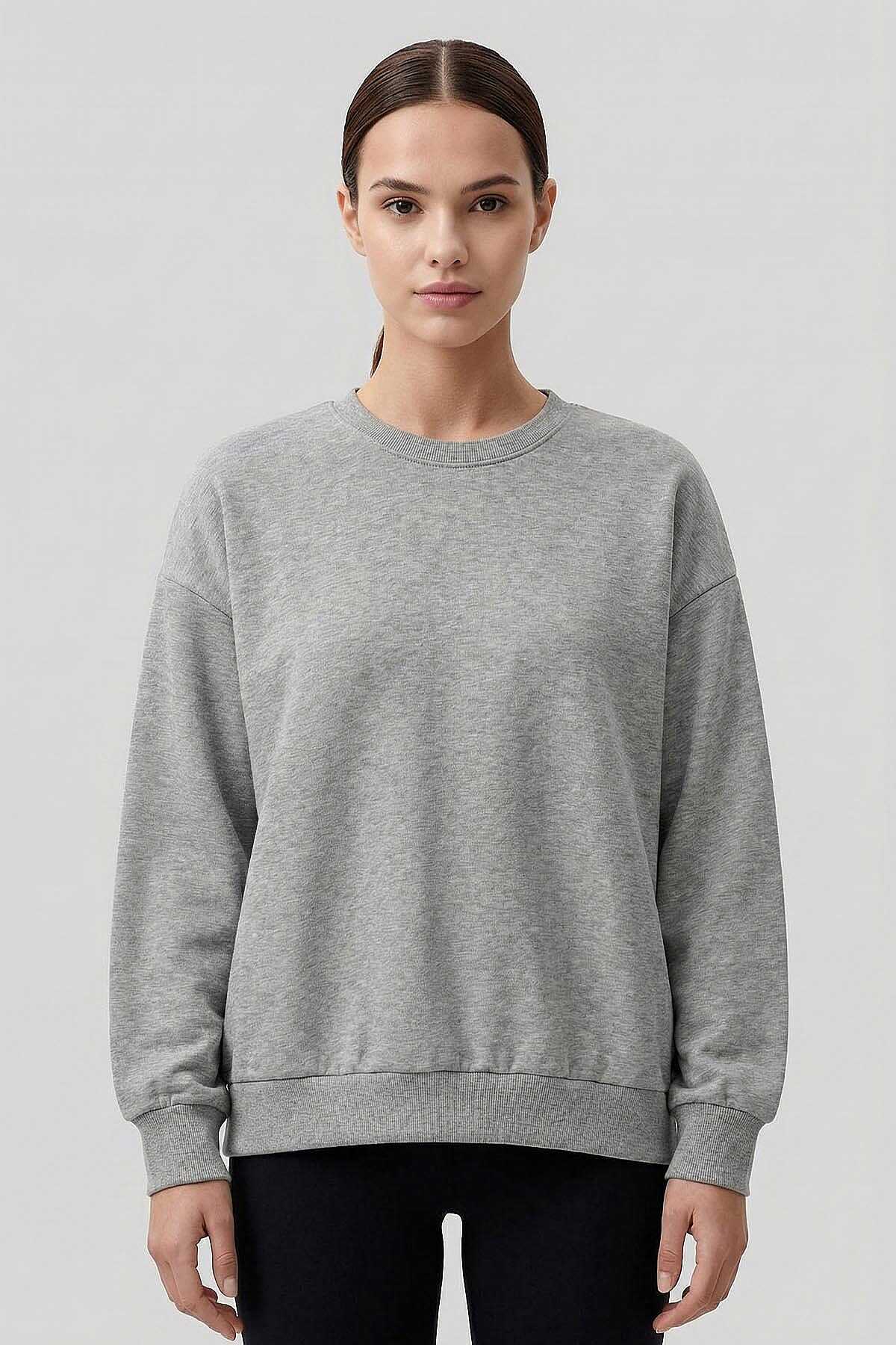 Tommylife Toptan Gri Melanj Basic O Yaka Oversize Kadın Sweatshirt - 97053