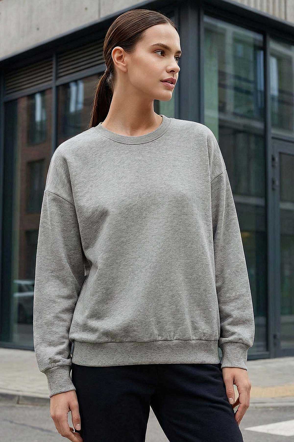Tommylife Toptan Gri Melanj Basic O Yaka Oversize Kadın Sweatshirt - 97053