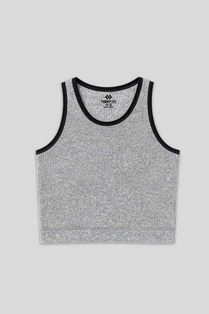 Top scurt pentru femei Tommylife Wholesale, gri melanj, fără mâneci, croială slim fit, cu decolteu în U - 97160