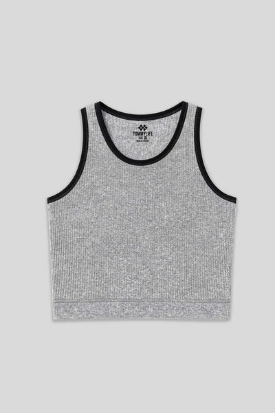 Top scurt pentru femei Tommylife Wholesale, gri melanj, fără mâneci, croială slim fit, cu decolteu în U - 97160
