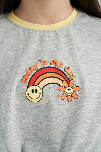 Tommylife Toptan Gri Melanj Baskı Detaylı O Yaka Çok Renkli Bağlama Detaylı Kız Çocuk T-Shirt - 75113