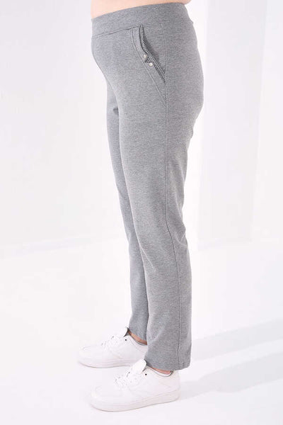 Tommylife Angro Gri Melanj Confortabil Cu Buzunare Croit Clasic Pantalon Femei Talie Mare Trening - 94014