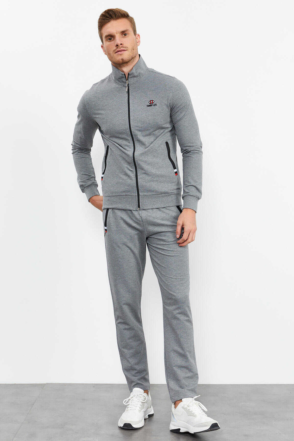 Tommylife Angro Gri Melanj Guler Vertical Fermoar Confortabil Form Clasic Croit Bărbat Trening Complet - 85072
