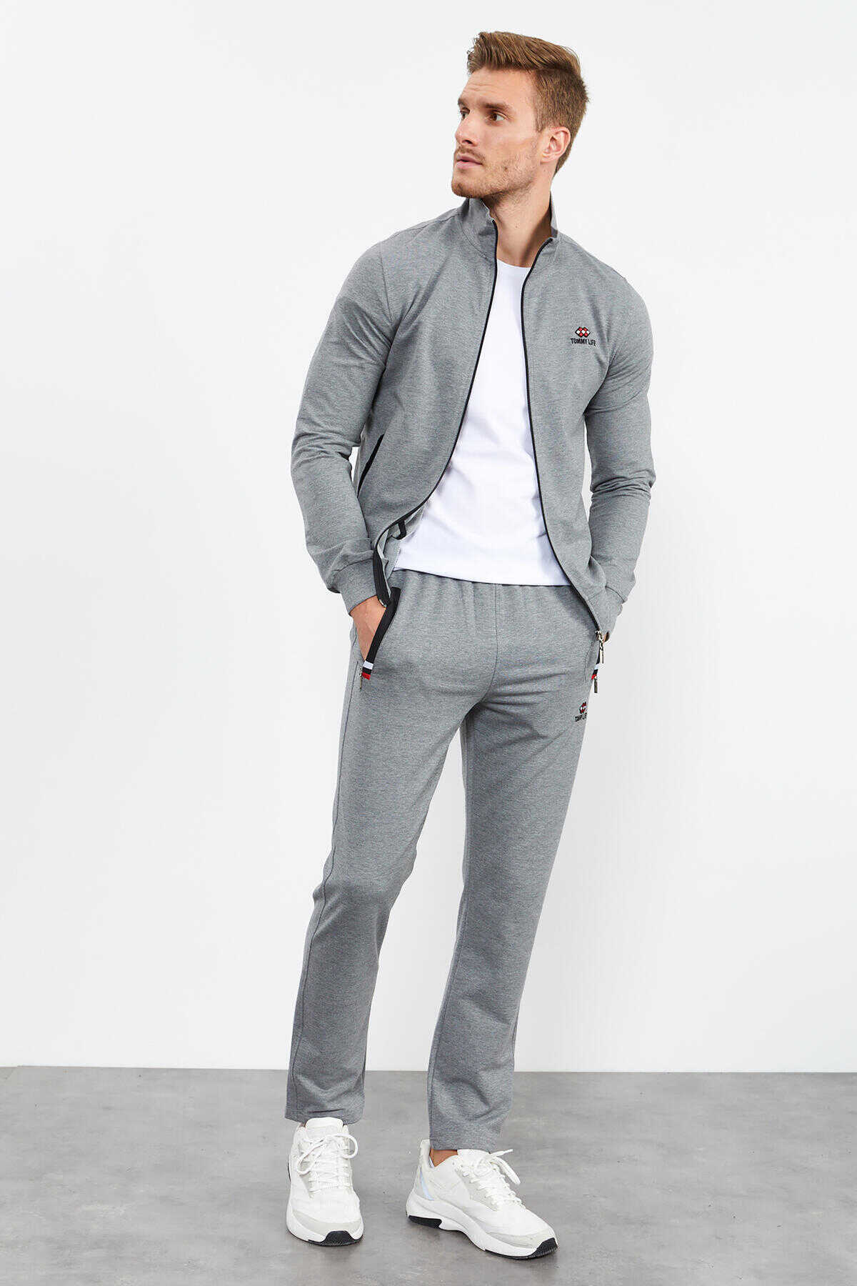 Tommylife Angro Gri Melanj Guler Vertical Fermoar Confortabil Form Clasic Croit Bărbat Trening Complet - 85072