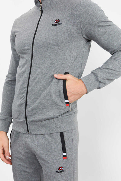 Tommylife Angro Gri Melanj Guler Vertical Fermoar Confortabil Form Clasic Croit Bărbat Trening Complet - 85072