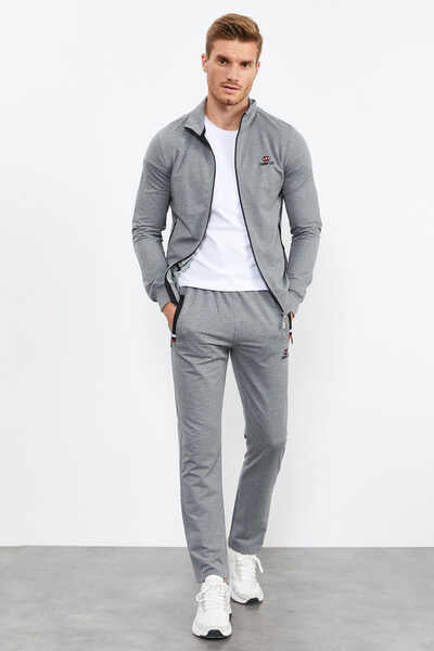 Tommylife Angro Gri Melanj Guler Vertical Fermoar Confortabil Form Clasic Croit Bărbat Trening Complet - 85072