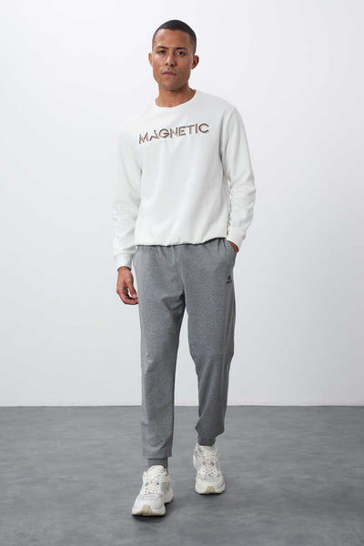 Tommylife Toptan Gri Melanj Klasik Cepli Standart Kalıp Manşetli Erkek Eşofman Alt - 84652