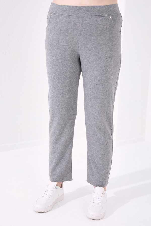 Tommylife Angro Gri Melanj Clasic Croit Detalii cu Piatră Femei Talie Mare Trening - 94040