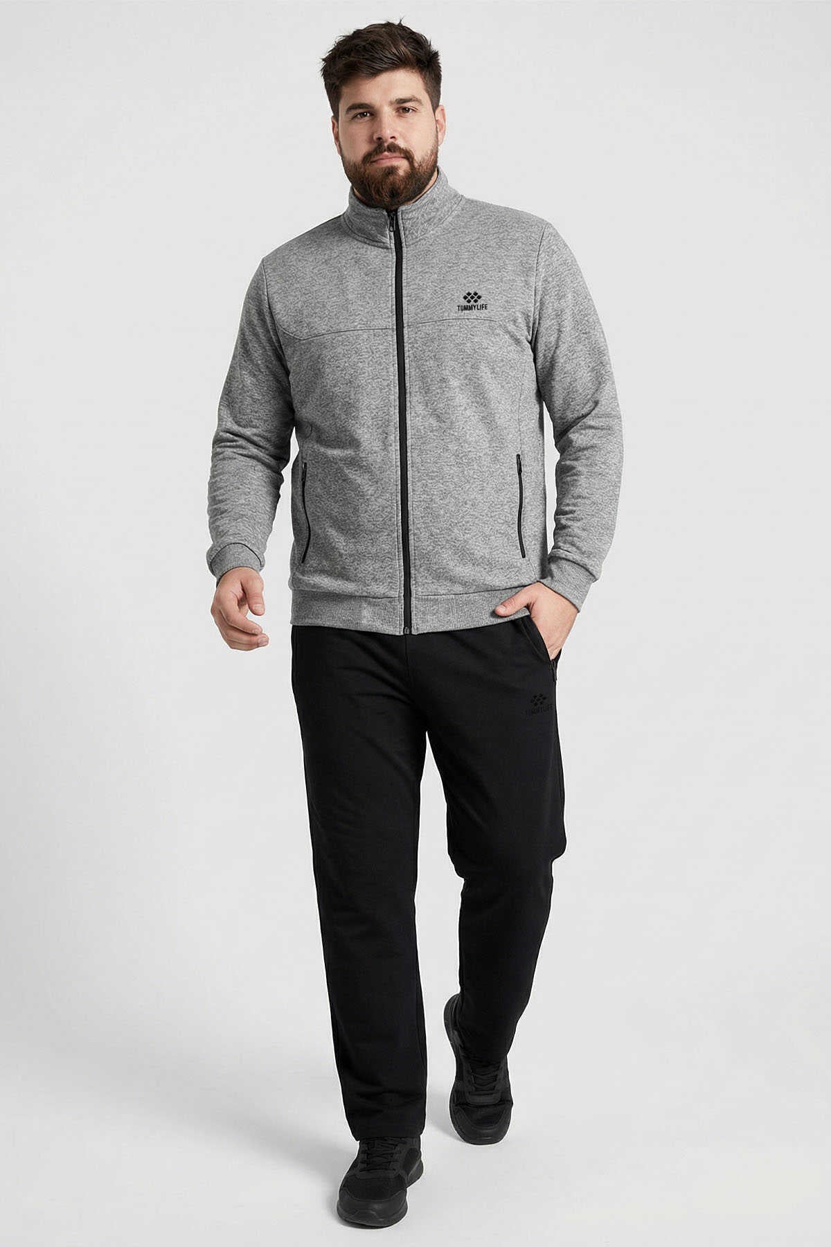 Tommylife Wholesale Gri Melange - Set trening bărbătesc cu guler înalt, model clasic, mărime mare, negru - 85176
