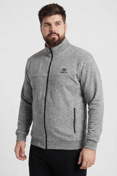 Tommylife Toptan Gri Melanj - Siyah Dik Yaka Klasik Paça Büyük Beden Erkek Eşofman Takım - 85176