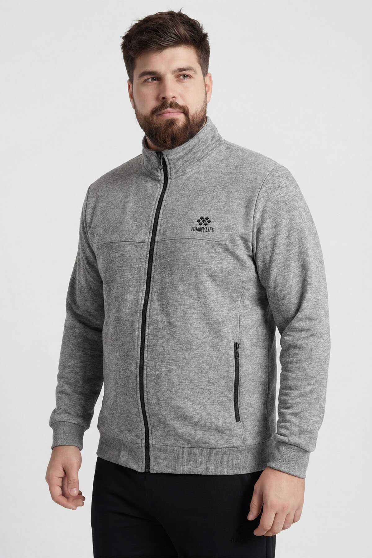 Tommylife Wholesale Gri Melange - Set trening bărbătesc cu guler înalt, model clasic, mărime mare, negru - 85176