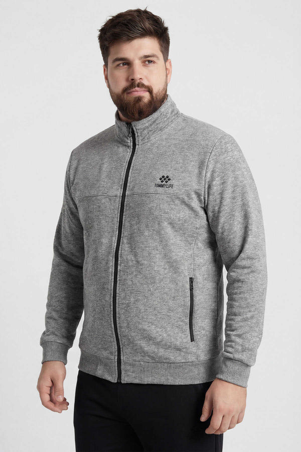 Tommylife Toptan Gri Melanj - Siyah Dik Yaka Klasik Paça Büyük Beden Erkek Eşofman Takım - 85176
