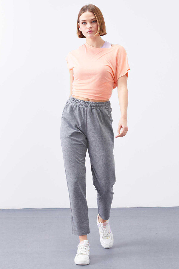 Tommylife Toptan Gri Melanj Yüksek Bel Jogger Rahat Form Dar Paça Kadın Eşofman Alt - 94566