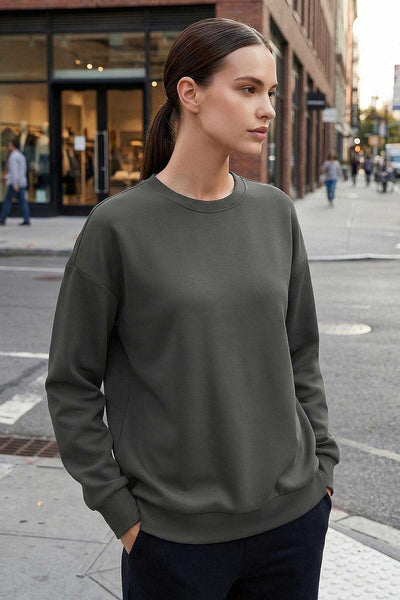 Tommylife Toptan Haki Basic O Yaka Oversize Kadın Sweatshirt - 97053