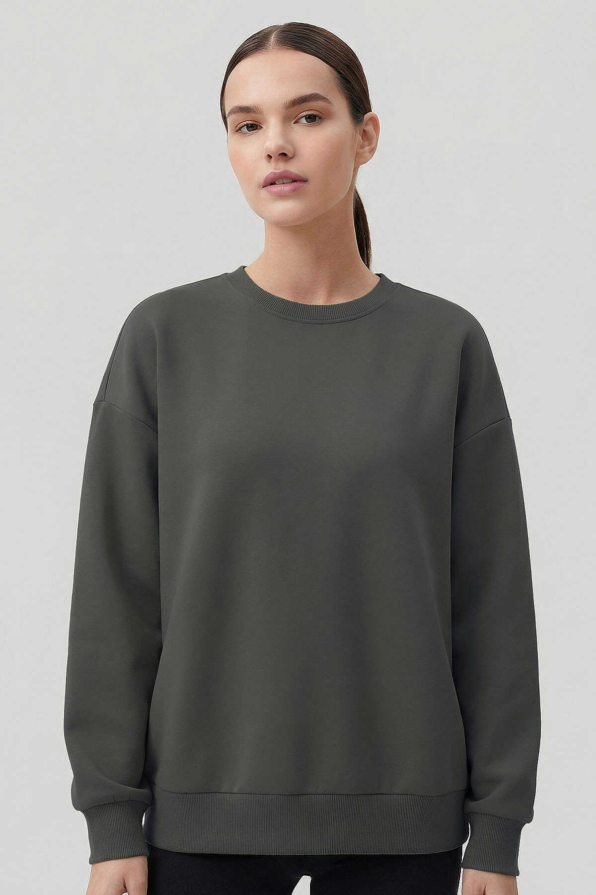 Tommylife Toptan Haki Basic O Yaka Oversize Kadın Sweatshirt - 97053