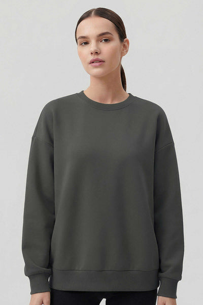 Tommylife Toptan Haki Basic O Yaka Oversize Kadın Sweatshirt - 97053