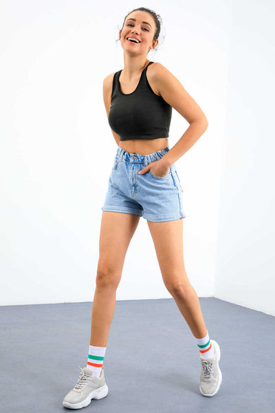 Maiou scurt pentru femei, fără mâneci, croială slim fit, cu decolteu în U, din kaki, Tommylife, en-gros - 97162