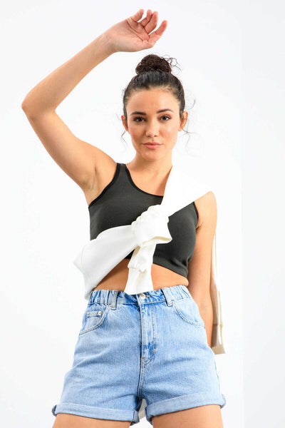 Tommylife Toptan Haki Basic Sıfır Kol Dar Kalıp U Yaka Kadın Crop Top Atlet - 97162