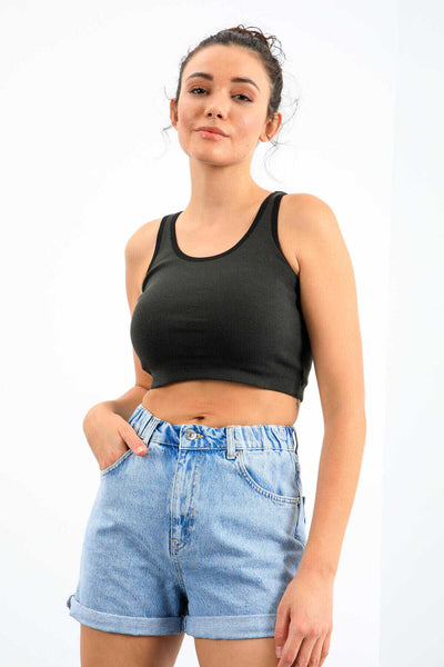 Tommylife Toptan Haki Basic Sıfır Kol Dar Kalıp U Yaka Kadın Crop Top Atlet - 97162